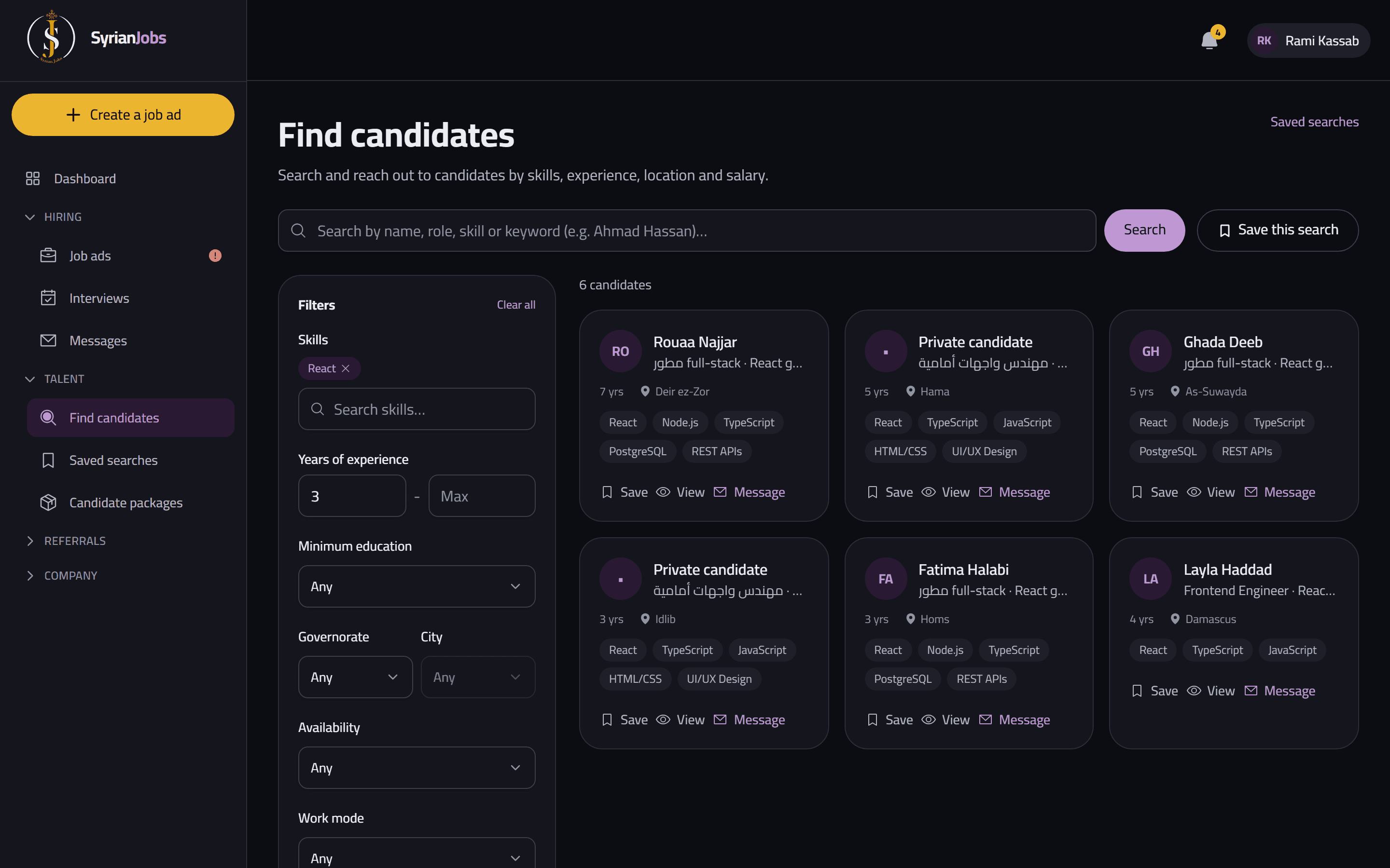 The employer candidate search, filtered by skill and experience, showing candidate cards with their skills.