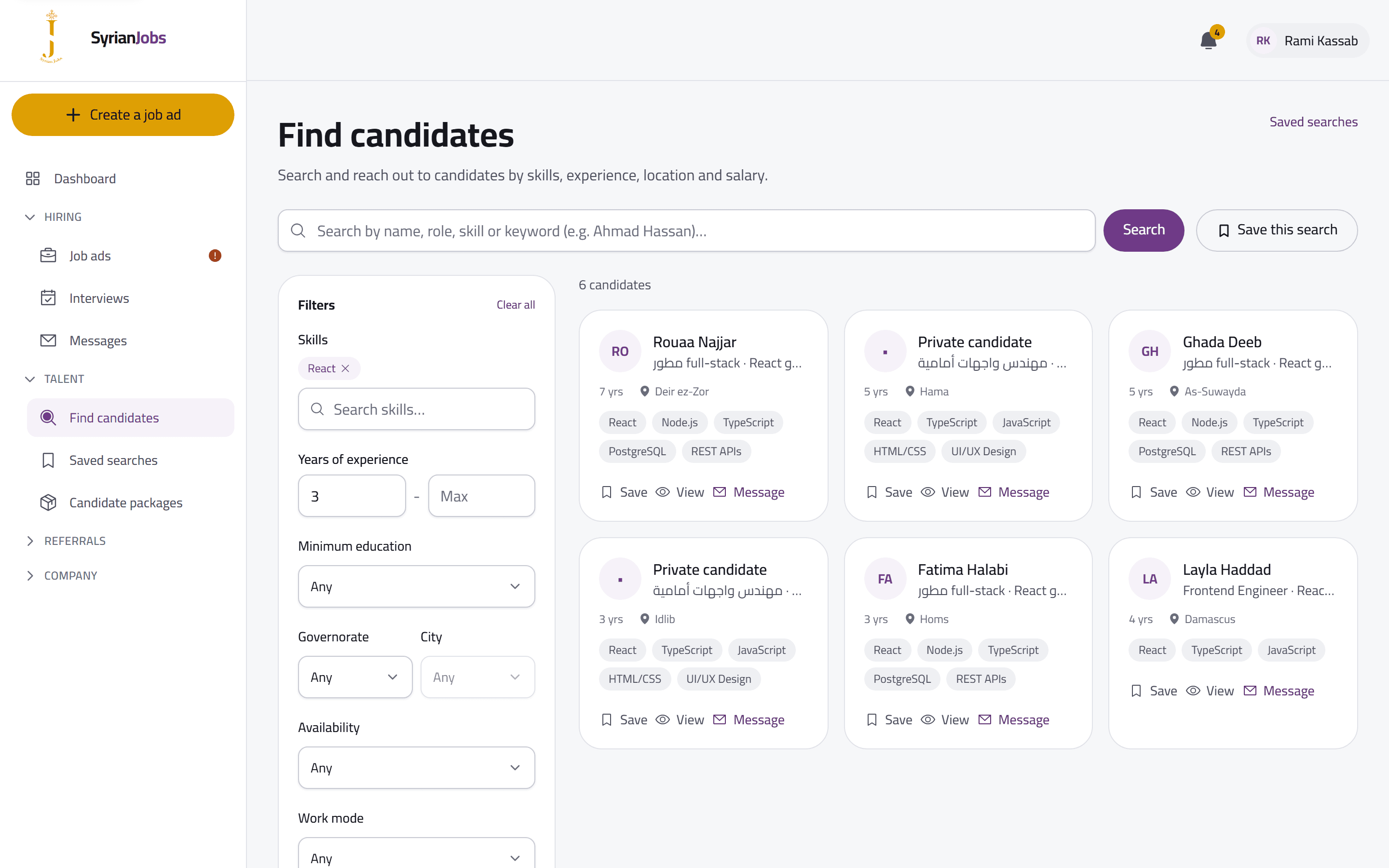 The employer candidate search, filtered by skill and experience, showing candidate cards with their skills.