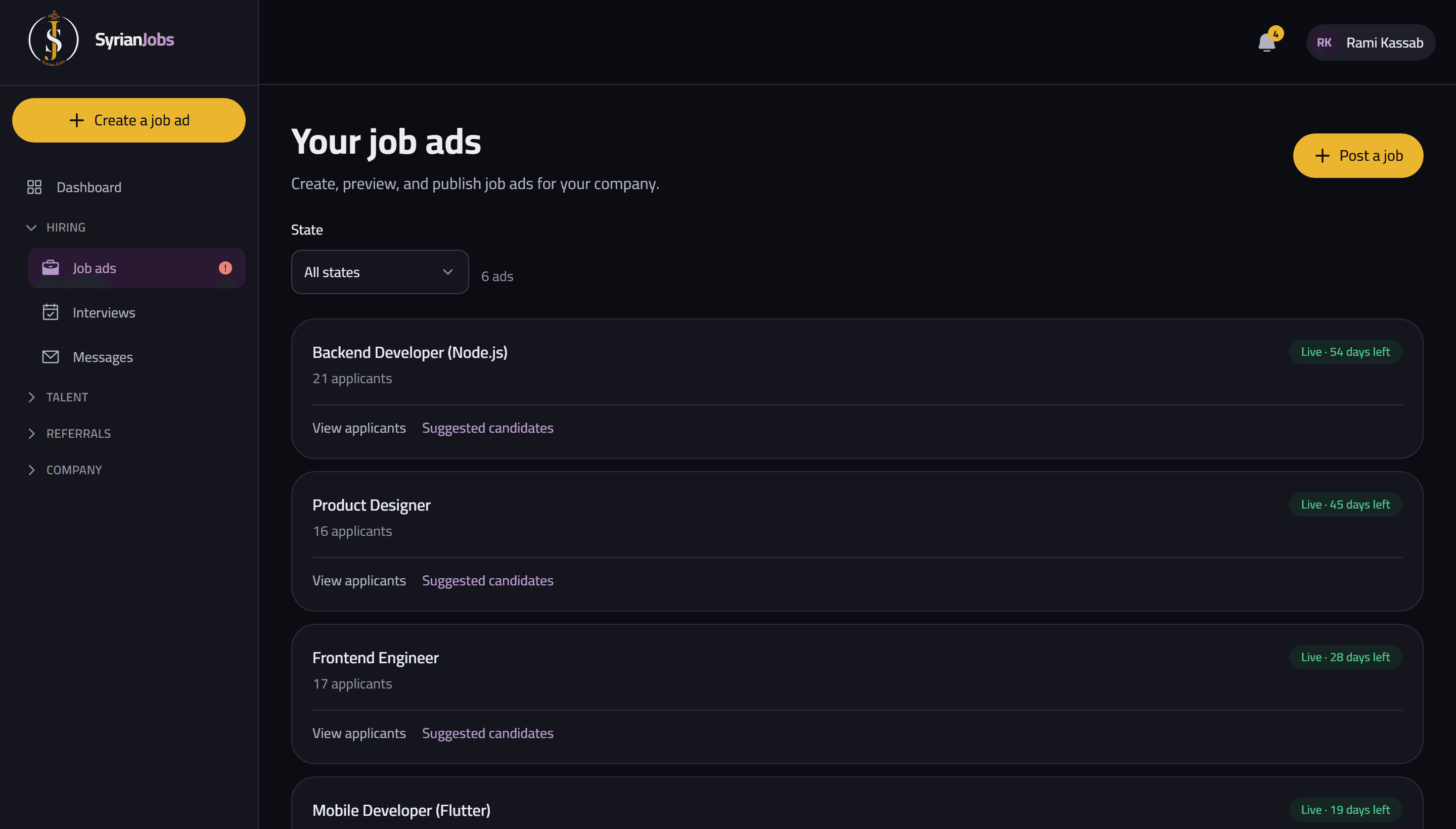 The employer console listing a company's job ads with their state and applicant counts.