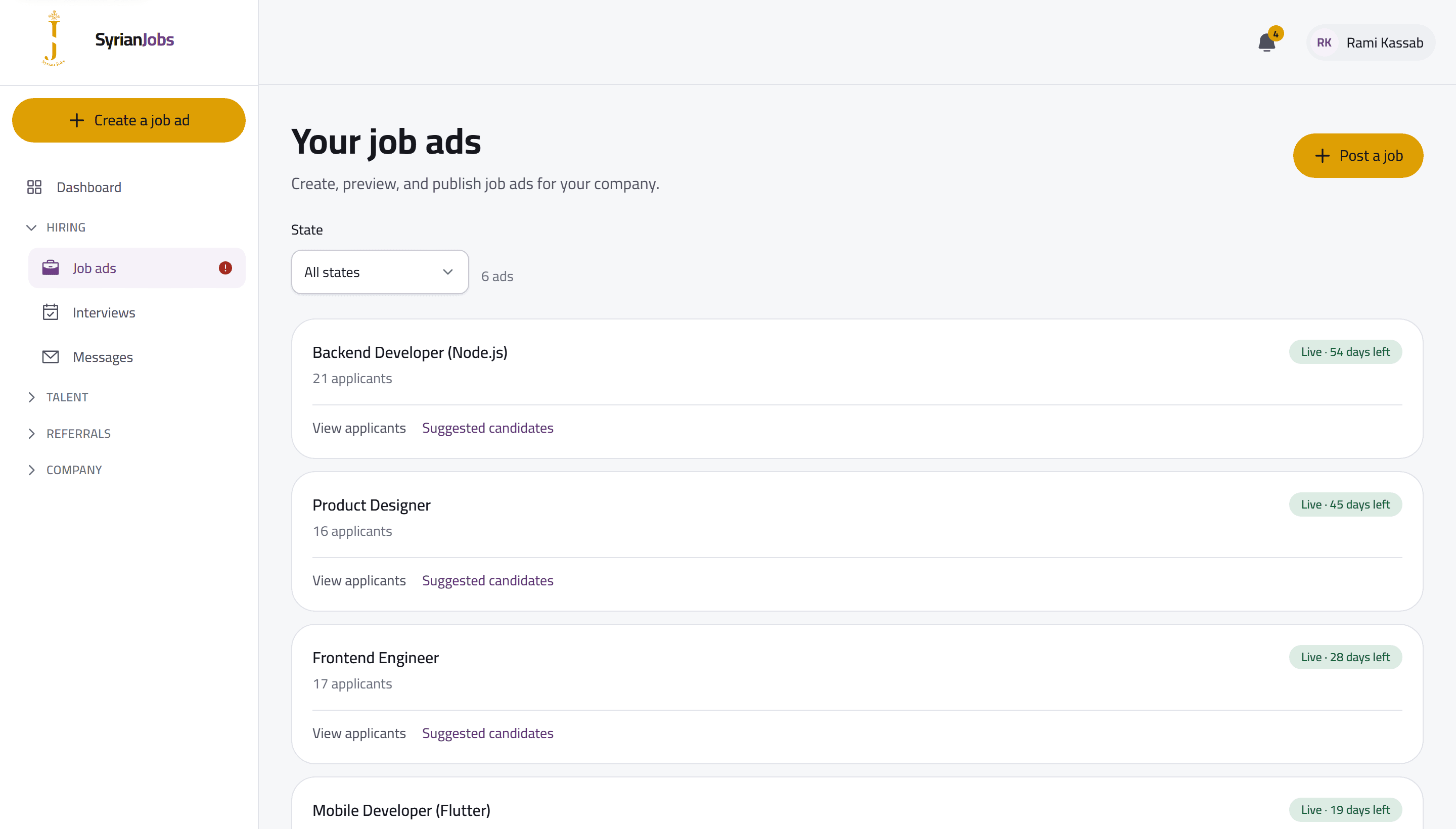 The employer console listing a company's job ads with their state and applicant counts.