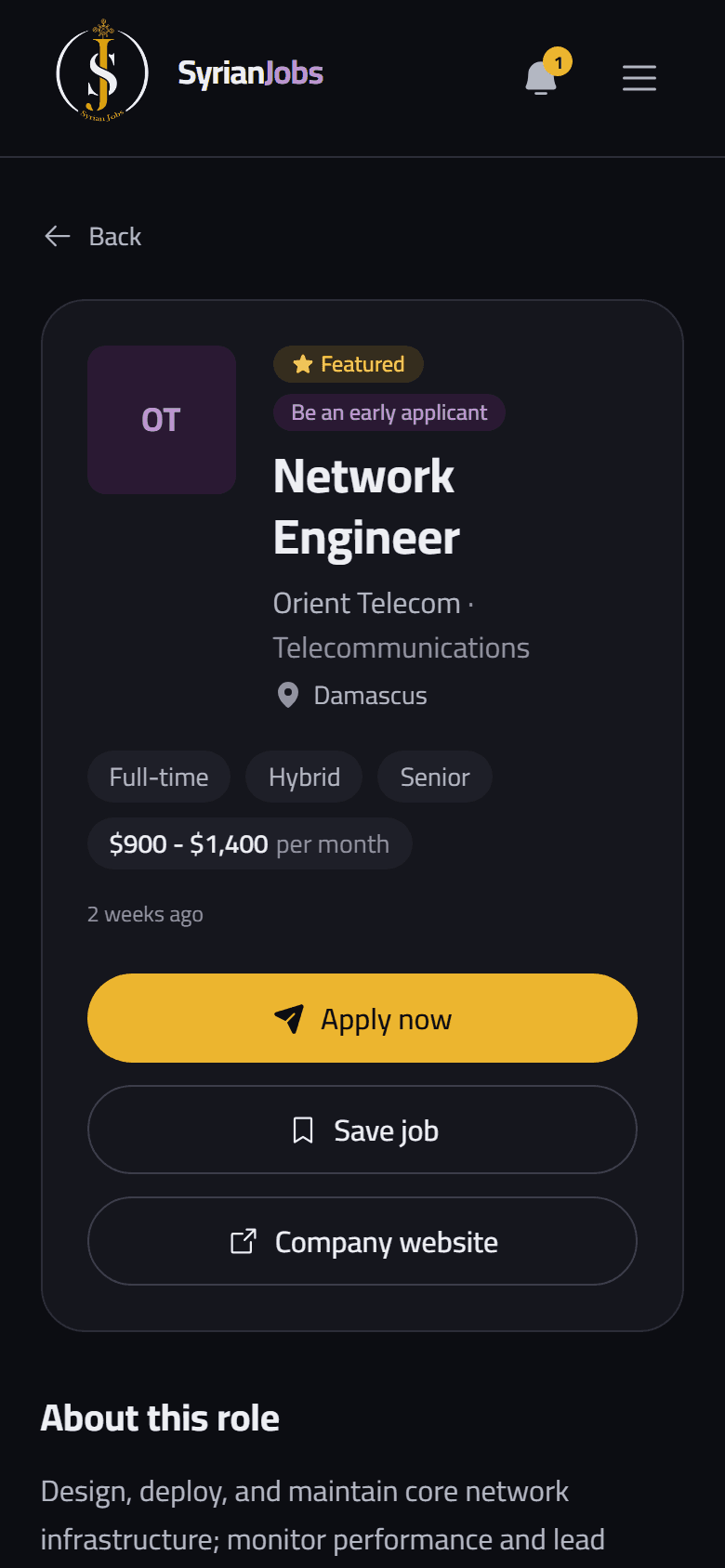 On a phone: a Network Engineer ad at Orient Telecom in Damascus, with the Apply now button.
