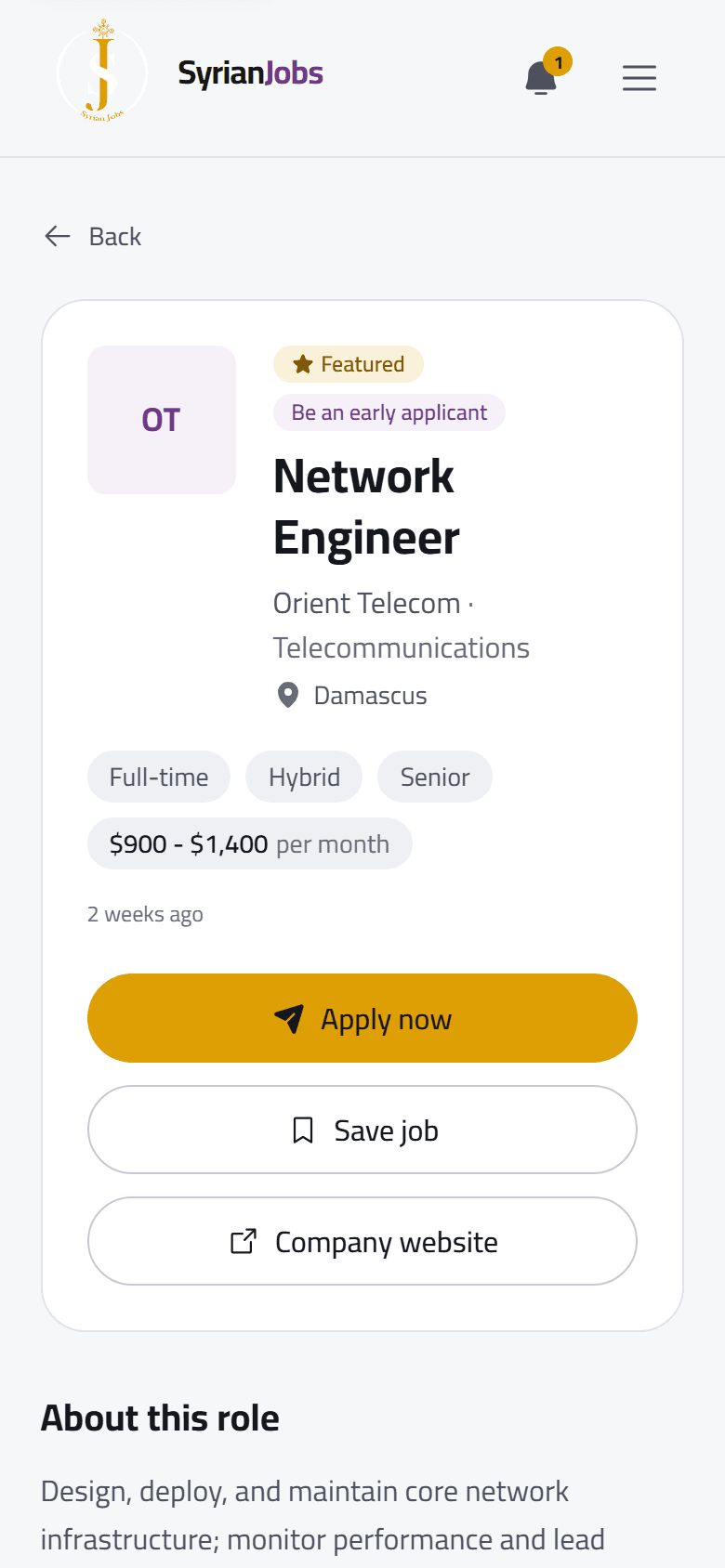 On a phone: a Network Engineer ad at Orient Telecom in Damascus, with the Apply now button.