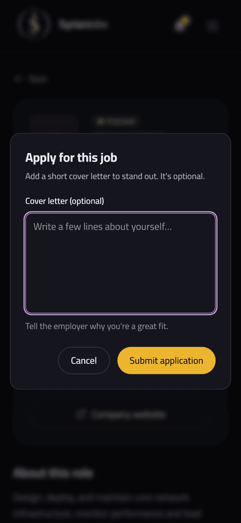 On a phone: applying, with an optional cover letter and Submit application.