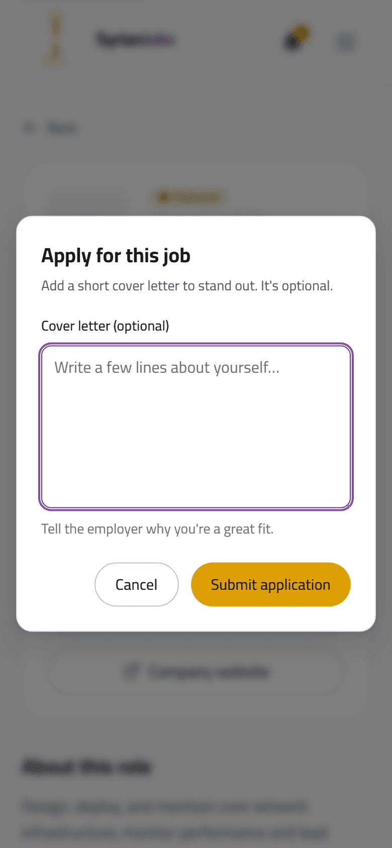 On a phone: applying, with an optional cover letter and Submit application.