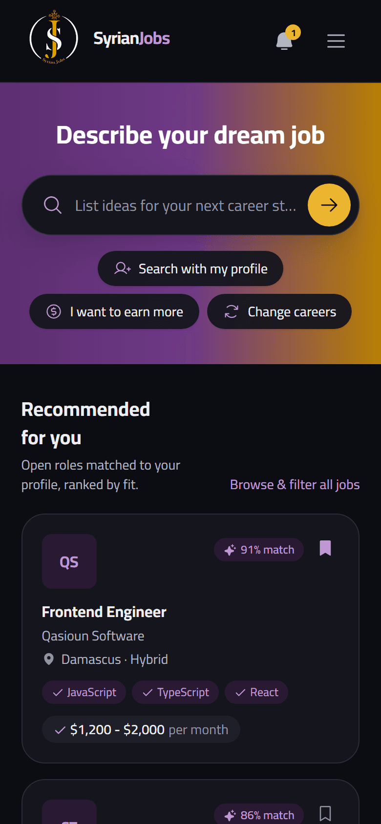 On a phone: describe the job you want, with open roles matched to your profile below.