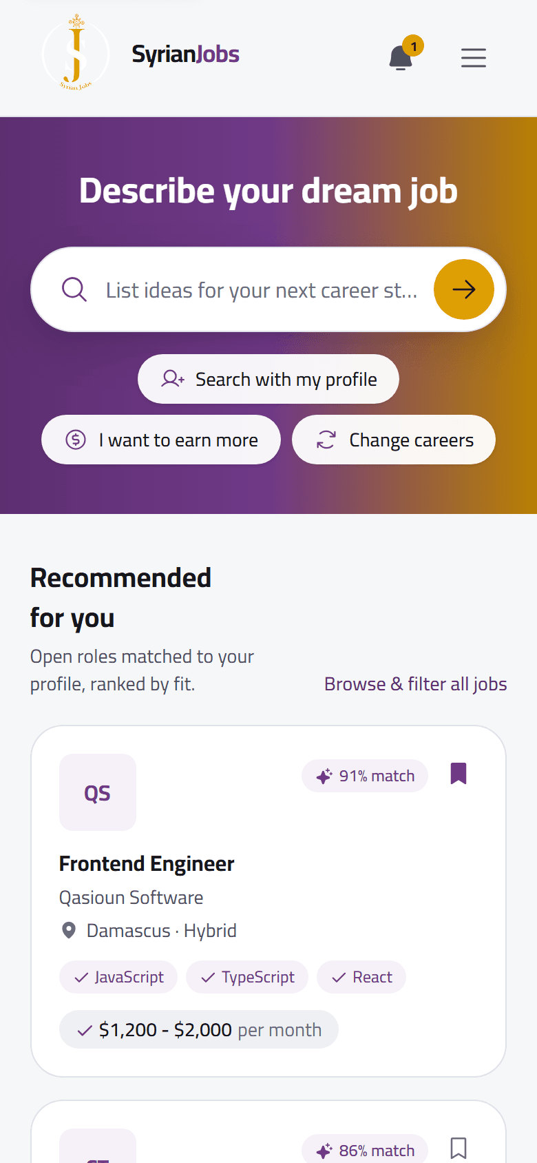 On a phone: describe the job you want, with open roles matched to your profile below.
