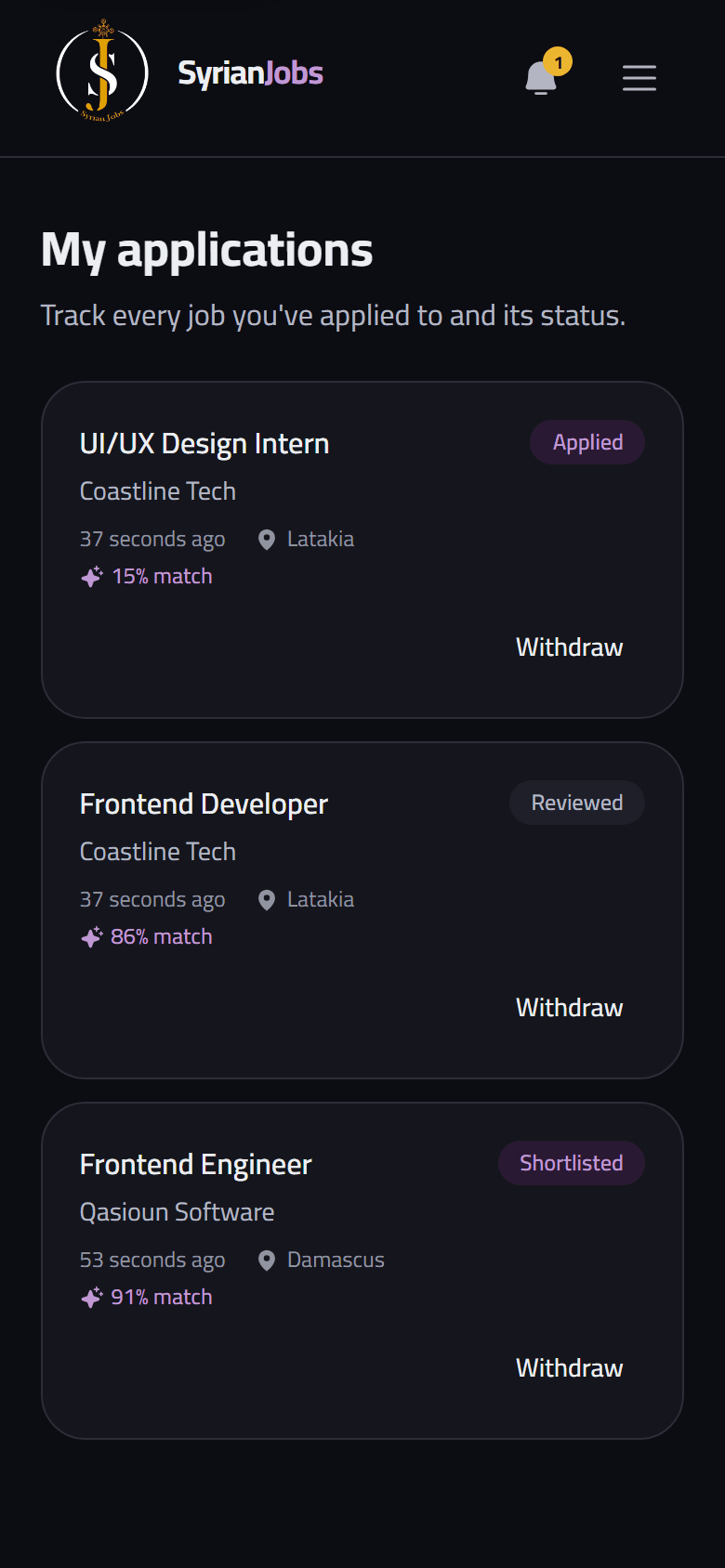 On a phone: My applications, each one showing the stage it has reached.