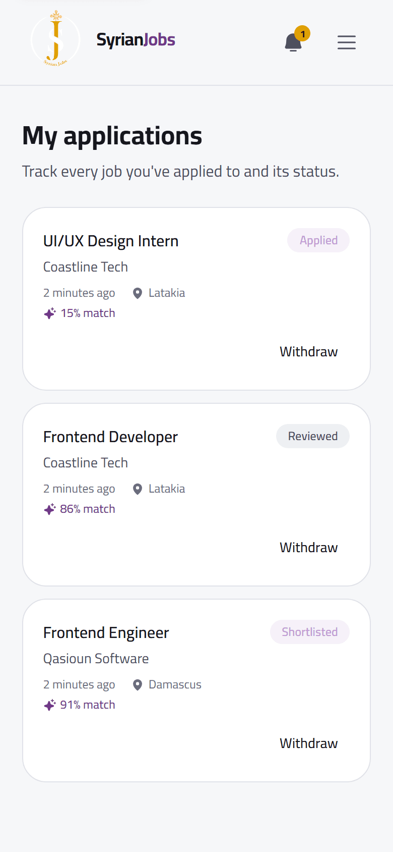 On a phone: My applications, each one showing the stage it has reached.