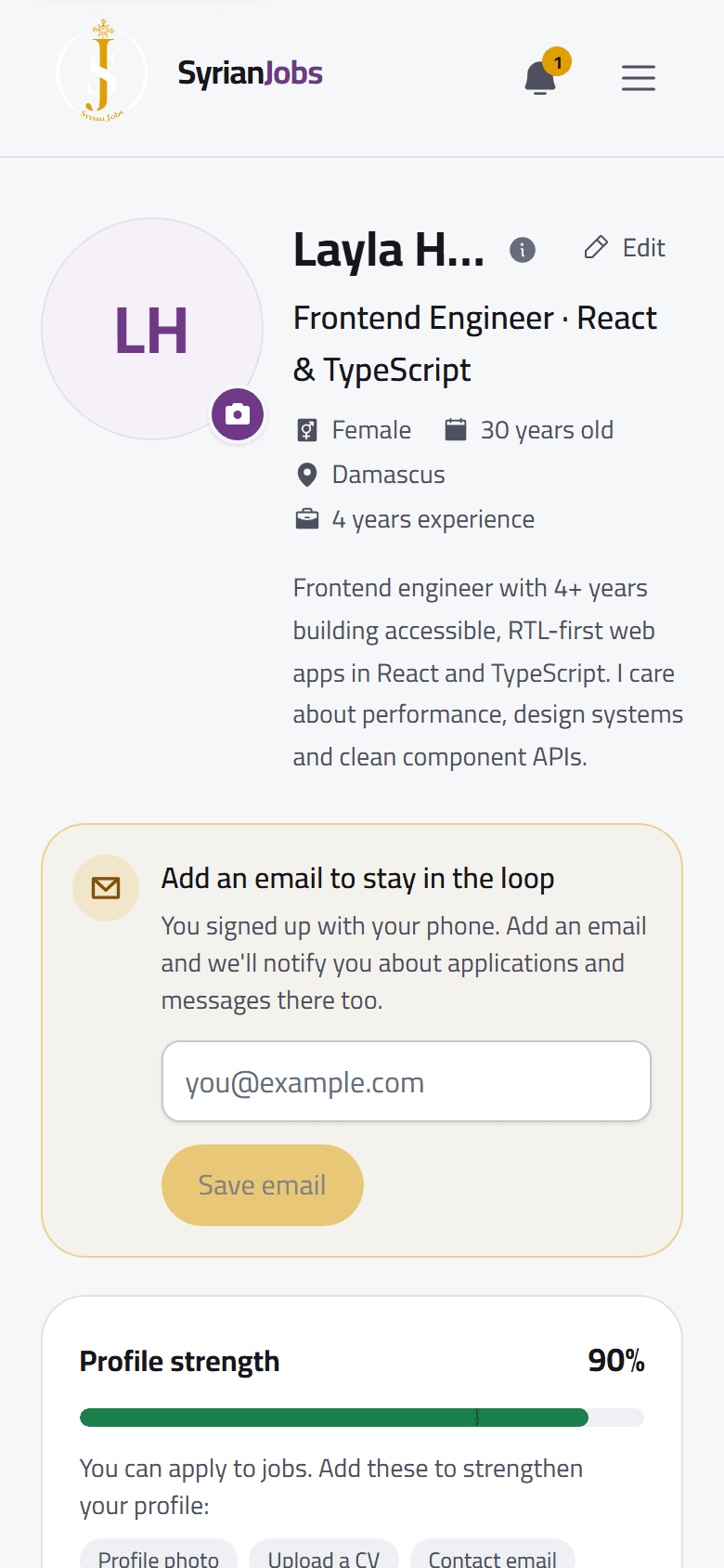 A job seeker's profile on a phone: headline, city, experience and how strong the profile is.