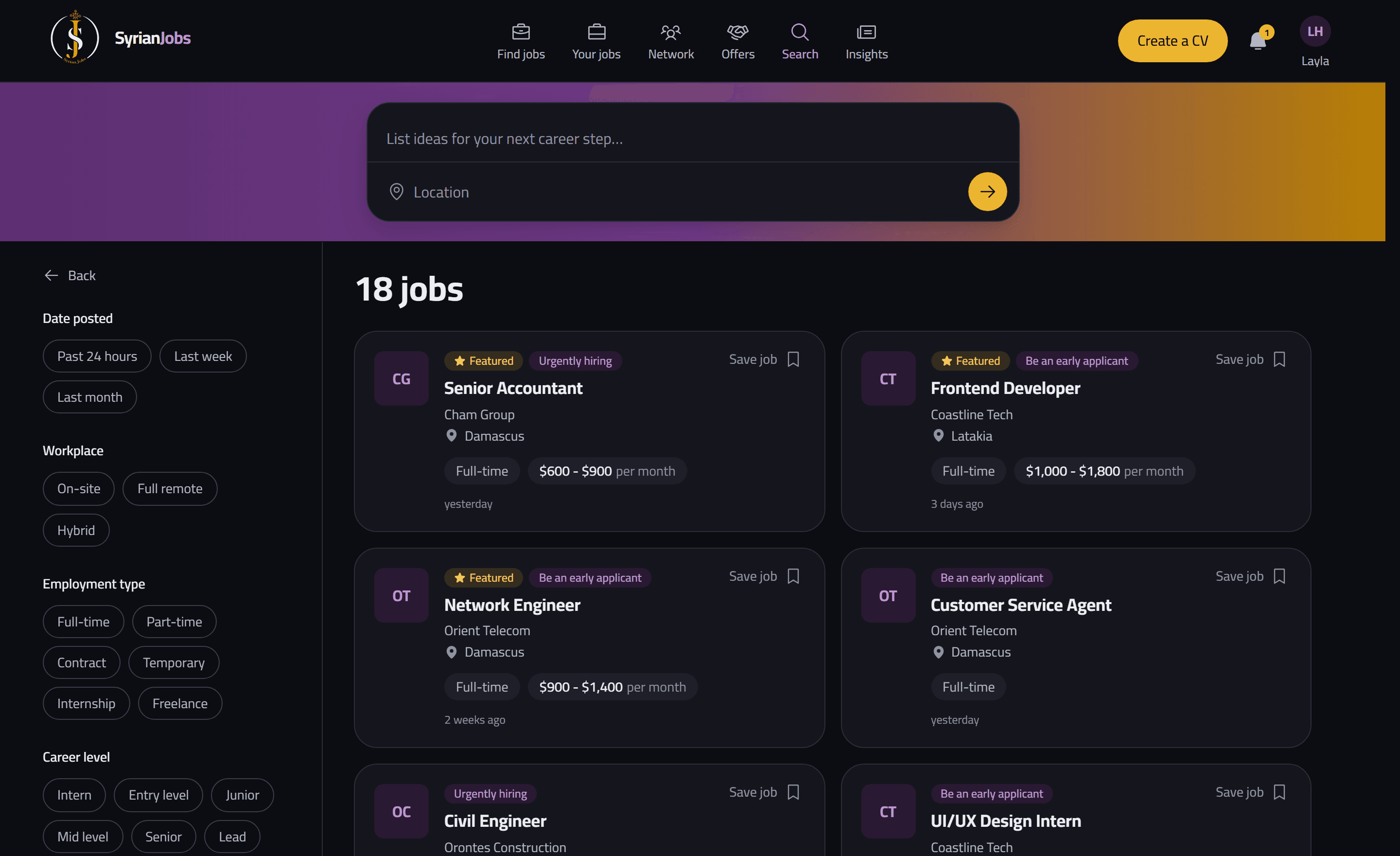 The job board with openings from several companies, each with its city, contract type and monthly pay, beside the search filters.