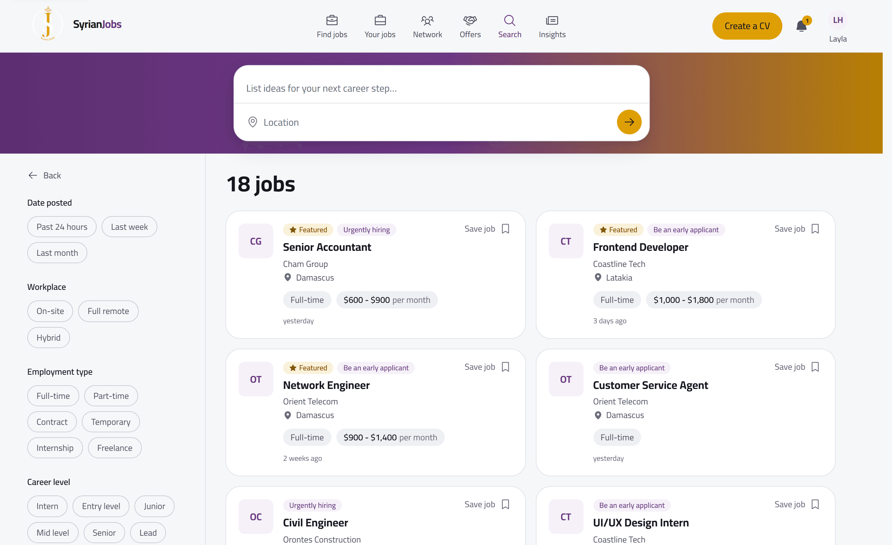 The job board with openings from several companies, each with its city, contract type and monthly pay, beside the search filters.
